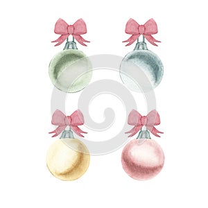 Round Christmas balls of red, green, yellow and blue colors decorated with a red bow. isolate on a white background