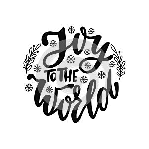 Round Christmas Ornament with hand drawn lettering text - Joy to the World. Holiday decoration.