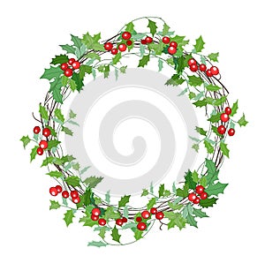 Round Christmas wreath with holly branches on white.