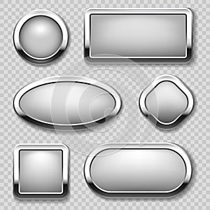 Round chrome button collection on transparent background. Vector metal buttons
