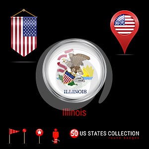 Round Chrome Vector Badge with Illinois US State Flag. Pennant Flag of USA. Map Pointer - USA. Map Navigation Icons