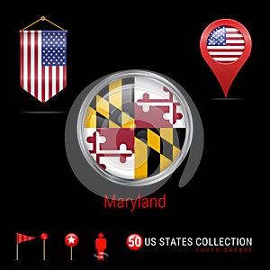 Round Chrome Vector Badge with Maryland US State Flag. Pennant Flag of USA. Map Pointer - USA. Map Navigation Icons