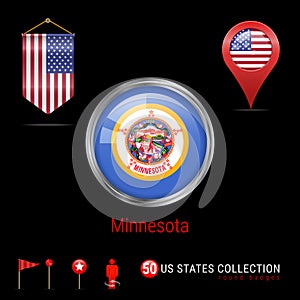 Round Chrome Vector Badge with Minnesota US State Flag. Pennant Flag of USA. Map Pointer - USA. Map Navigation Icons