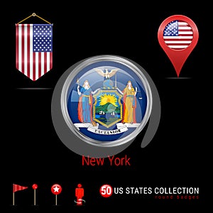 Round Chrome Vector Badge with New York US State Flag. Pennant Flag of USA. Map Pointer - USA. Map Navigation Icons