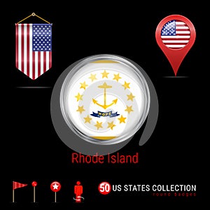 Round Chrome Vector Badge with Rhode Island US State Flag. Pennant Flag of USA. Map Pointer - USA. Map Navigation Icons