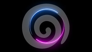 Round circle picture frame with two tone neon color shade motion graphic on isolated black background. Blue and pink light moving