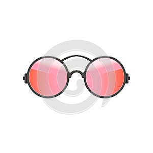 Round circular hipster sunglasses with red-pink lenses and gray metal frame. Fashion accessory for women. Flat vector