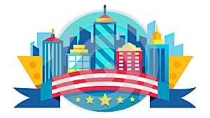 Round city logo with American flag. The buildings are colorful and stand out against the blue sky. A ribbon for text runs along