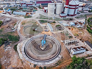 Round clarifiers at wastewater treatment plant, top view