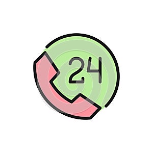 Round clock hotline, 24 hours service, help time flat color icon.