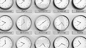 Round clock showing Atlanta, USA time within world time zones. 3D animation