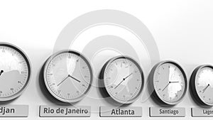 Round clock showing Atlanta, USA time within world time zones. Conceptual 3D animation