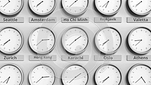 Round clock showing Karachi, Pakistan time within world time zones. 3D animation