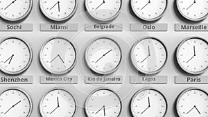 Round clock showing Rio de Janeiro, Brazil time within world time zones. 3D animation