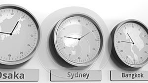 Round clock showing Sydney, Australia time within world time zones. Conceptual 3D rendering