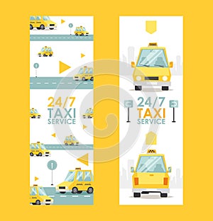 Round-the-clock taxi service banner, vector illustration. Fast and reliable cab company advertisement. Yellow car in