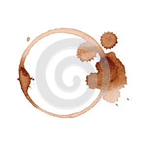 A round coffee stain with splashes from a cup with a drink, isolated on a white background, is hand-drawn.