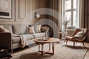 A Round coffee table near cozy sofa in room with classic paneling