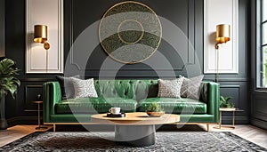 Round coffee table near green leather sofa against black wall with pattern art poster. Art Deco style home interior design of
