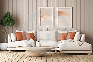 Round coffee table near white corner sofa with terra cotta cushions near paneling wall with art poster. AI generate