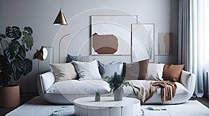 Round coffee table, white corner sofa cushions near wall with art poster. Scandinavian home interior