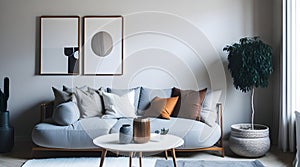 Round coffee table, white corner sofa cushions near wall with art poster. Scandinavian home interior