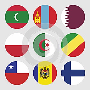 round collection of nine country flags consisting of Poland, Algeria, Qatar, and Chile