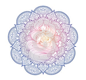 Round colored mandala with woman insideIisolated background.Girl in meditationMandala vector yellow, blue and red.