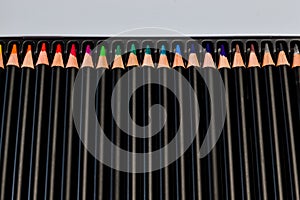 Round colored pencils with black bodies and colored tips ordered in their box