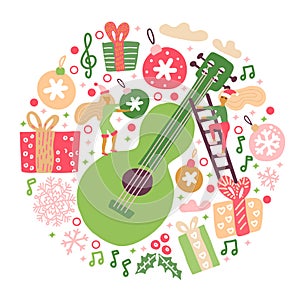 Round composition of acoustic guitar with Christmas decor and snowflakes. Misic festival vector background concept in