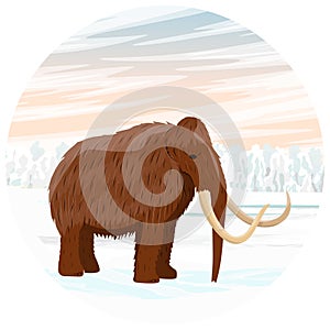 Round composition. Mammoth walks along the ice valley. Prehistoric animals.