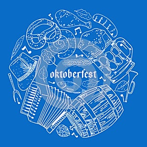 Round composition with oktoberfest objects. Food, beer mug and barrel, music instruments. Hand drawn outline vector sketch