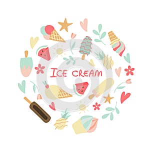 Round composition of various ice cream, escimo pie, fruits and summer elements, flat vector illustration