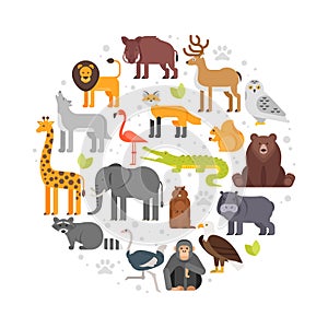 Round composition of zoo animals icons.