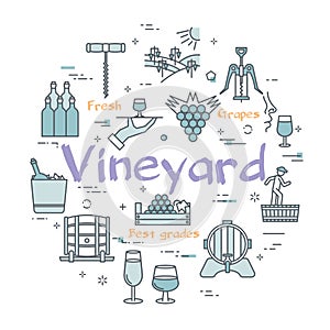 Round concept of vineyard. Web banner with line icons