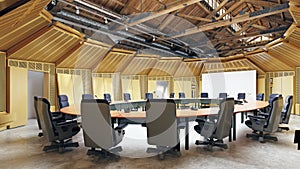 Round conference room table and chairs in a hall with modern interior design