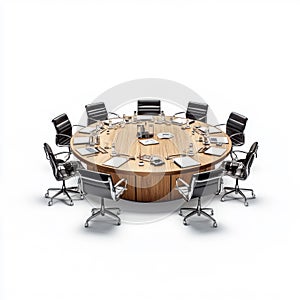 Round conference table with empty chairs in modern office setting