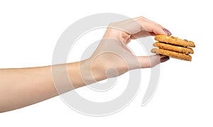 Round cookie with chocolate drops. Isolated on white