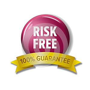 Round crimson button with words `Risk Free - 100% Guarantee`