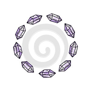 Round crystal frame on white background. Isolated doodle illustration for t-shirt or notebook cover. Violet cartoon amethyst