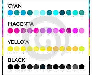 Round Cyan, Magenta, Yellow and Black CMYK Color Swatches Illustration