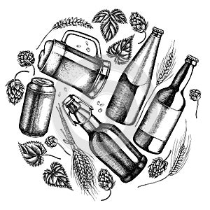 Round design with black and white rye, hop, mug of beer, bottles of beer, aluminum can