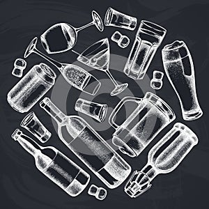 Round design with chalk glass, champagne, mug of beer, alcohol shot, bottles of beer, bottle of wine, glass of champagne