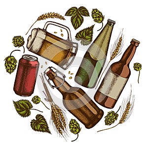 Round design with colored rye, hop, mug of beer, bottles of beer, aluminum can