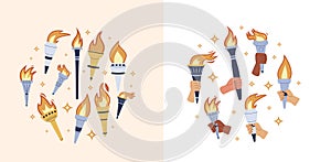 Round design torches with burning flame in hands. Symbol of sport, games, victory and champion competition with different people