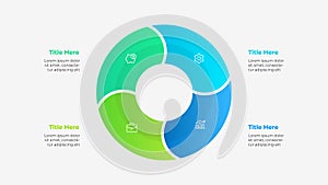 Round diagram divided into 4 segments. Concept of four steps of business project management. Vector illustration for