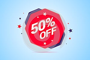 Round discount tag with 50 percents off text.