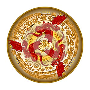 Round dish ornate with Three red dancing dragons. Folk ethnic sign. Print for logo, icon, fabric, embroidery, holiday decoration.