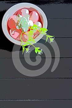 Round dish with pink Easter eggs and dark background