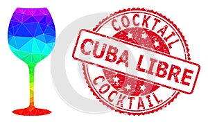 Round Distress Cocktail Cuba Libre Seal with Vector Triangle Filled Wine Glass Icon with Rainbow Gradient